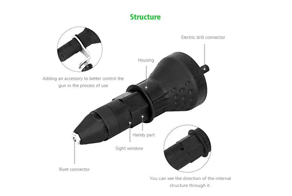 Профессиональный электрический заклепочный пистолет, заклепочная дрель, адаптер, заклепочная головка пистолета с рукояткой 360 градусов