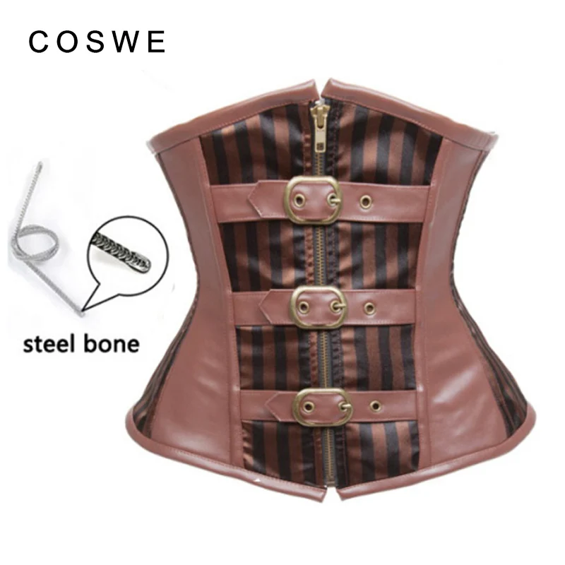 COSWE PU Leather Underbust Corset Steel Boned Waist Corsets Bustier