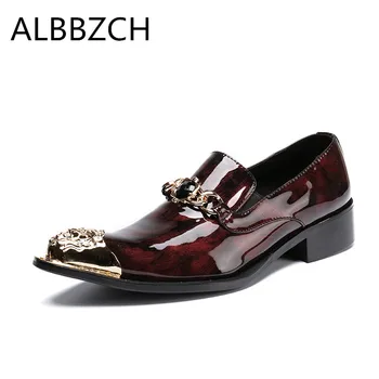 

Luxury brand designer metal pointed toe print patent leather men shoes fashion loafers men's wedding dress shoes big yards US12