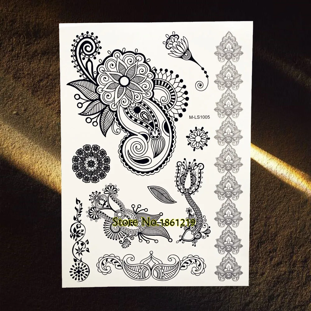 Indian Totem Henna Flower Jewelry Tattoo Stickers Black Ink Color Women Mehndi Tattoo Bracelet Large Body Art Arm Sleeves Tatoos Jewelry Gun Sticker Earringssticker Software Aliexpress