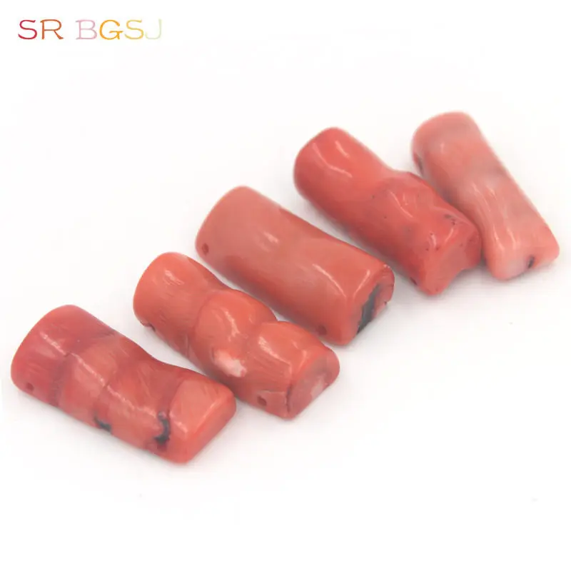 

Free Shipping 5PCS 12-15x35-40mm Half Column Orange Coral Gems Stone Beads 2 Drilled Holes Great for Diy Necklace Bracelet