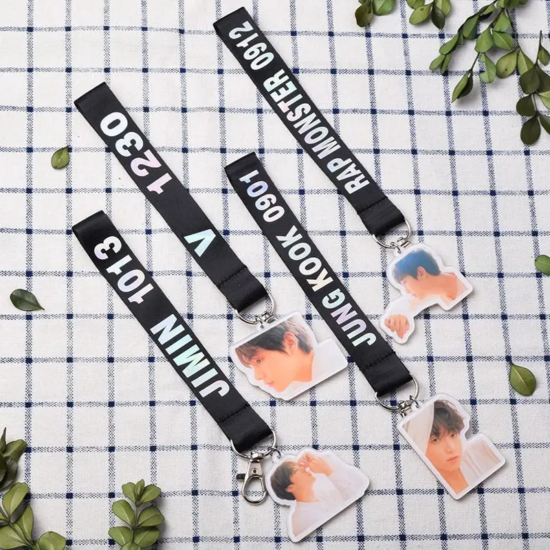 

Kpop BTS Laser Lanyard Keychain JUNG KOOK J-HOPE JIMIN SUGA Pendant Cute Phone Strap Key Chain Ribbon Keyring