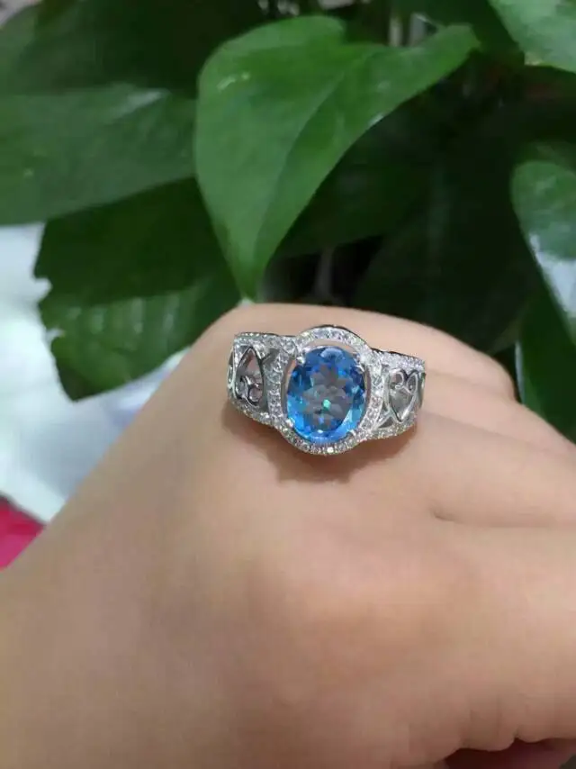 

Natural blue topaz gem stone Ring Natural gemstone ring 925 sterling silver trendy big Luxury hollow women's girl gift Jewelry