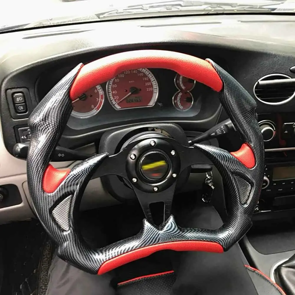 

14"Black Flat Spoke Red Leather Carbon Fiber Universal Fit Racing Steering Wheel