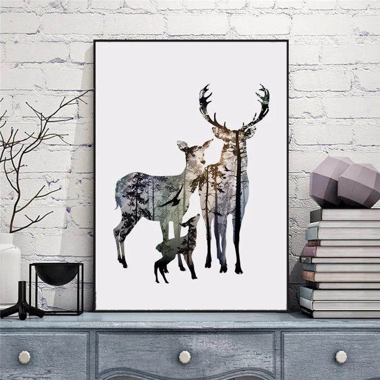 Silhouette-of-Deer-Family-with-Pine-Forest-Canvas-Art-Print-Painting-Poster-Wall-Picture-for-Home