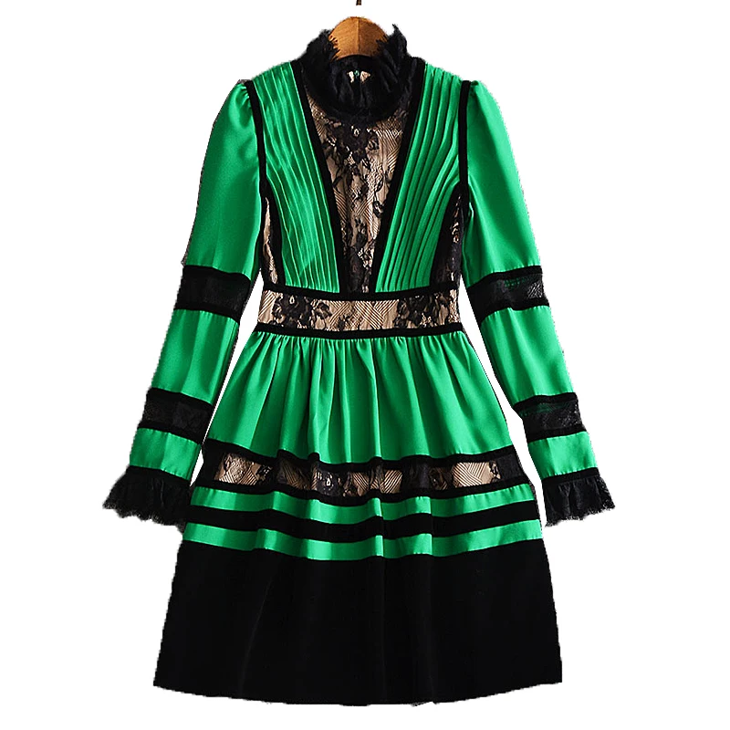 XF магазин Специальное высококачественное модное дизайнерское подиумное осеннее платье Плиссированное женское бархатное винтажное кружевное платье с длинным рукавом