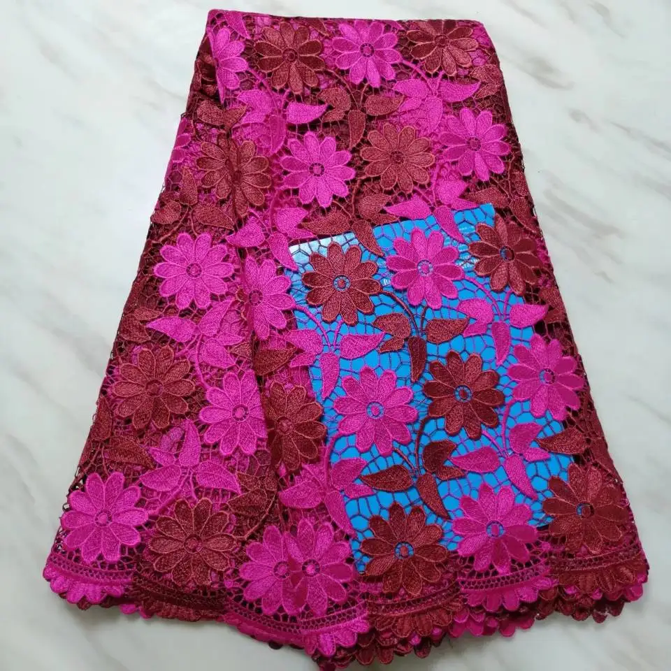 

5Yards/pc New fashion fuchsia and wine flower african water soluble lace embroidery french guipure lace for dressing BW37-3