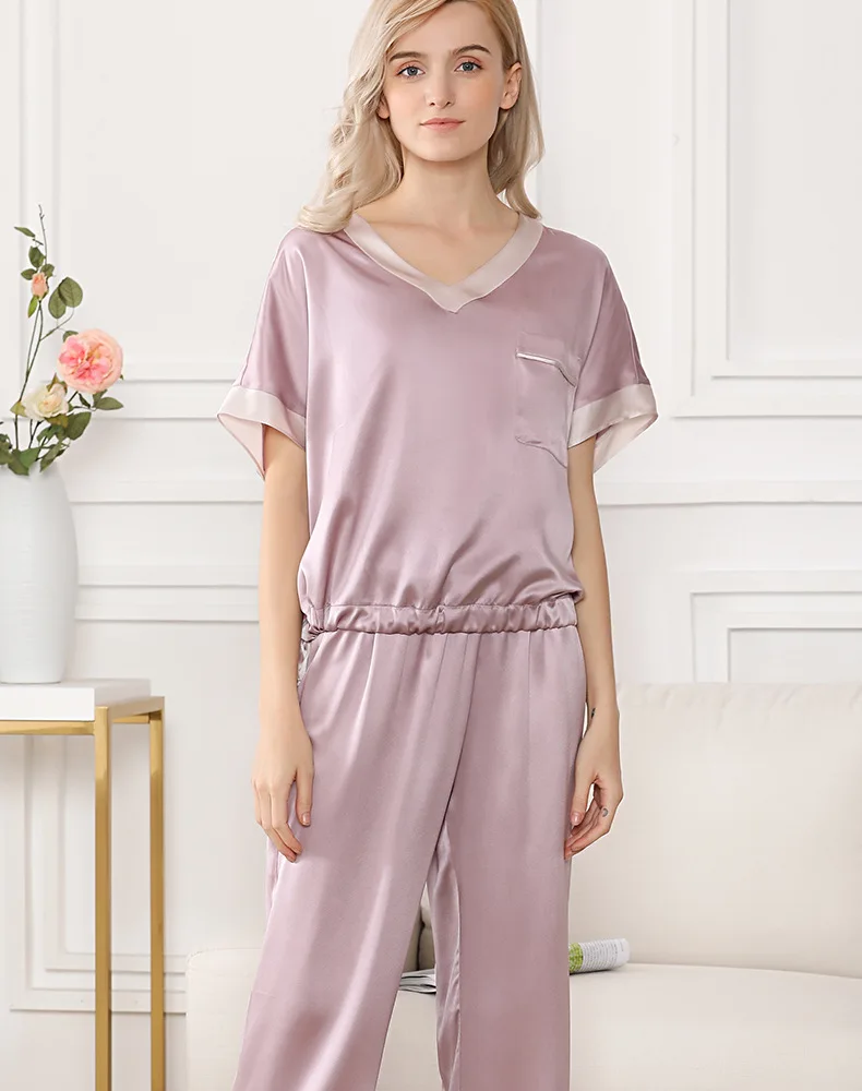Шелковая окрашенная Пижама, набор, плюс размер, женская сексуальная пижама, Шелковая пижама с v-образным вырезом, короткий рукав, синий