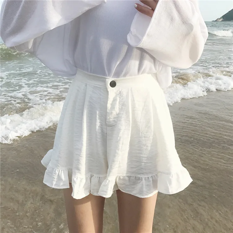 

Patchwork Pleated Ruffles High Waist Button Flared Wide Leg Chiffon Short Summer Sweet College Girl Casual Workout Loose Hot