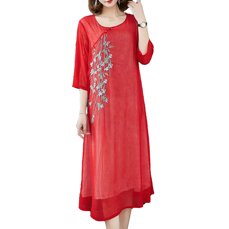 Лето 2020 новое белое шелковое платье с цветочным принтом в китайском стиле