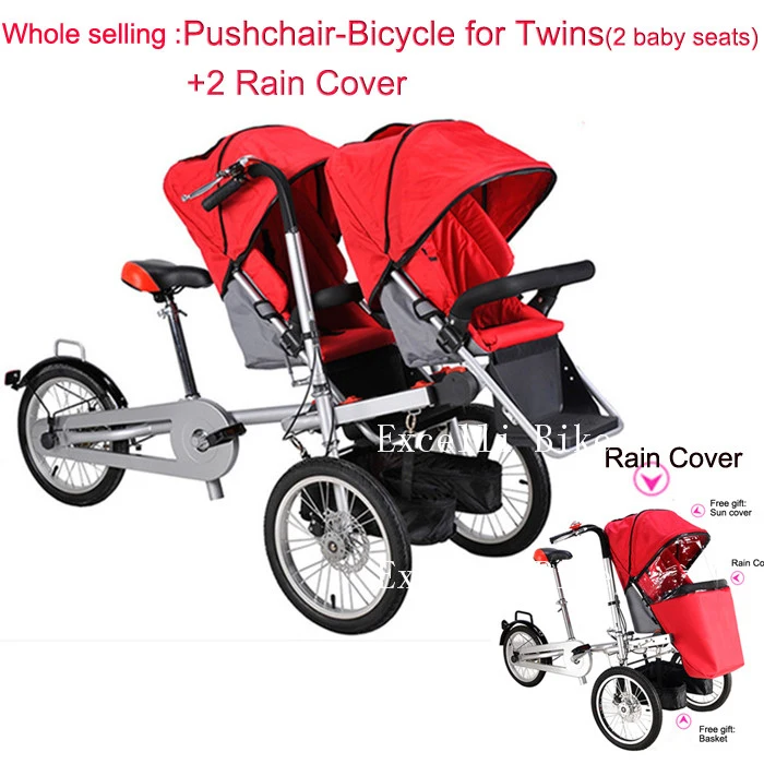 Execelli Folding Mother Bicycle 2 Baby Seats 3 in 1 Mother Bike Baby Strollers Double Seats+ 2 Rain Cover Convertible Pushchair