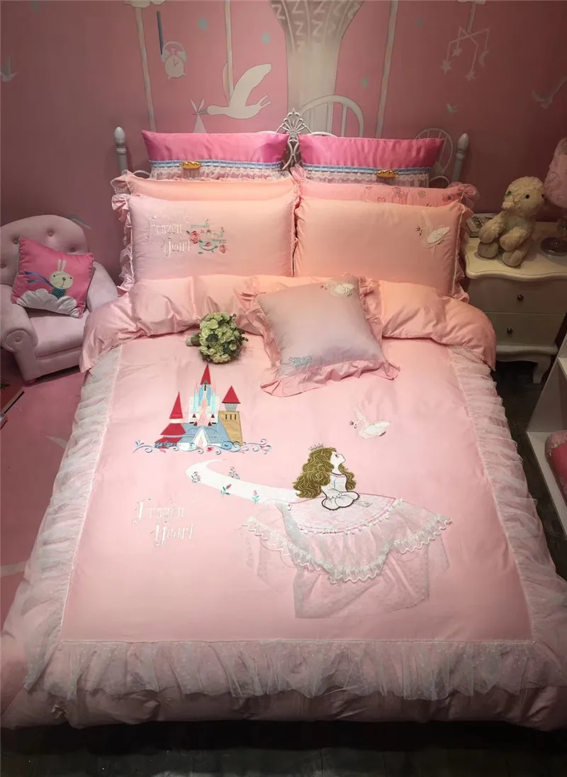 Розовый мультфильм принцесса вышитый Египетский хлопок кружева набор постельных принадлежностей для девочек пододеяльник постельное белье простыня наволочка подарок для ребенка