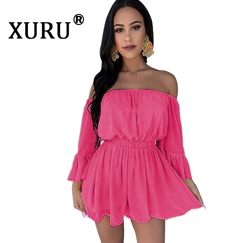 XURU new hot women's 2019 summer jumpsuit solid color word shoulder wrapped chest lotus leaf sleeves waist shorts jumpsuit