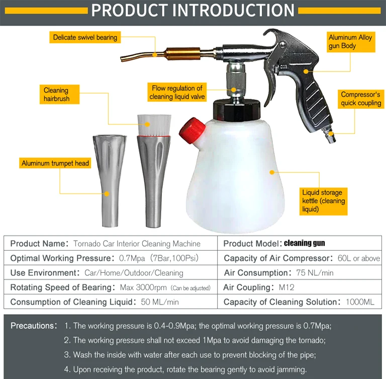 Автомойка высокого давления для Tornador, портативный внутренний пистолет для глубокой очистки, мойка, уход за кокпитом, с щеткой, работающей на воздухе
