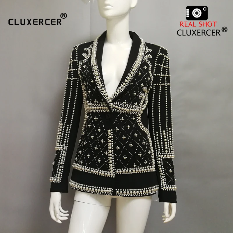 CLUXERCER Brand Blazer Women Coat Heavy Hand Made Beads Suit Jacket Long Sleeve Designer Outerwear Blazers Feminina