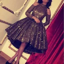 Модное бальное платье с блестками, платье для выпускного вечера, женское элегантное платье с длинным рукавом и бретелькой через шею длиной до колен, вечерние платья с открытыми плечами