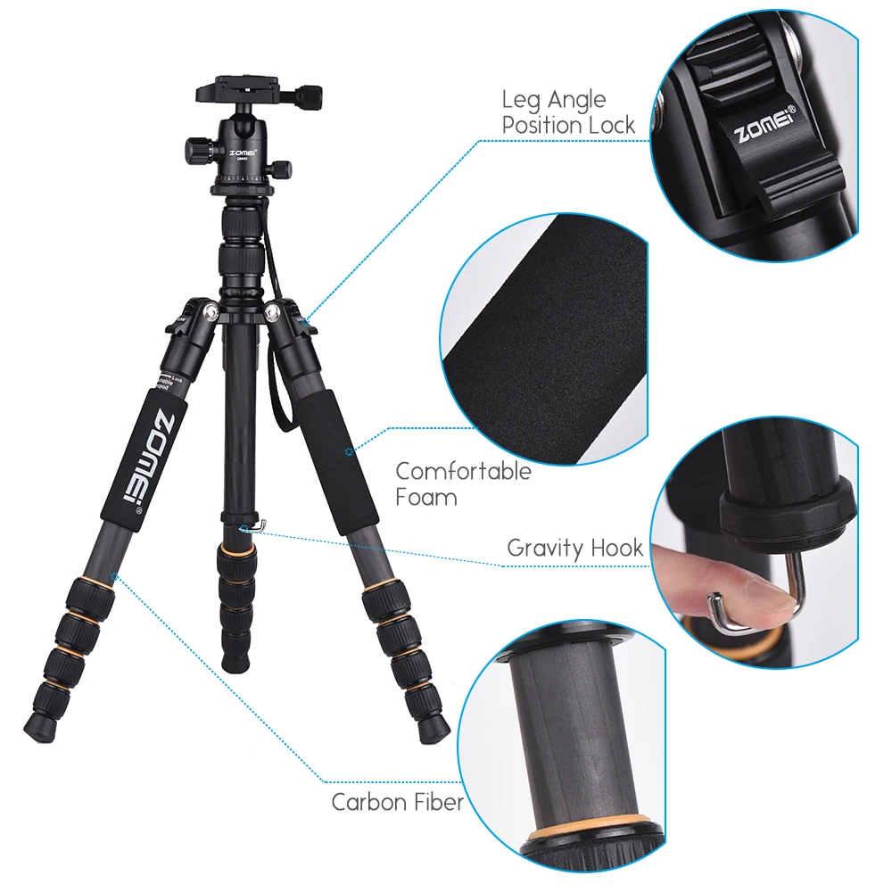 ZOMEI Q666C/Q555/Q100 легкий штатив монопод для путешествий штатив для камеры быстросъемная пластина/сумка для переноски для Canon Nikon sony DSLR