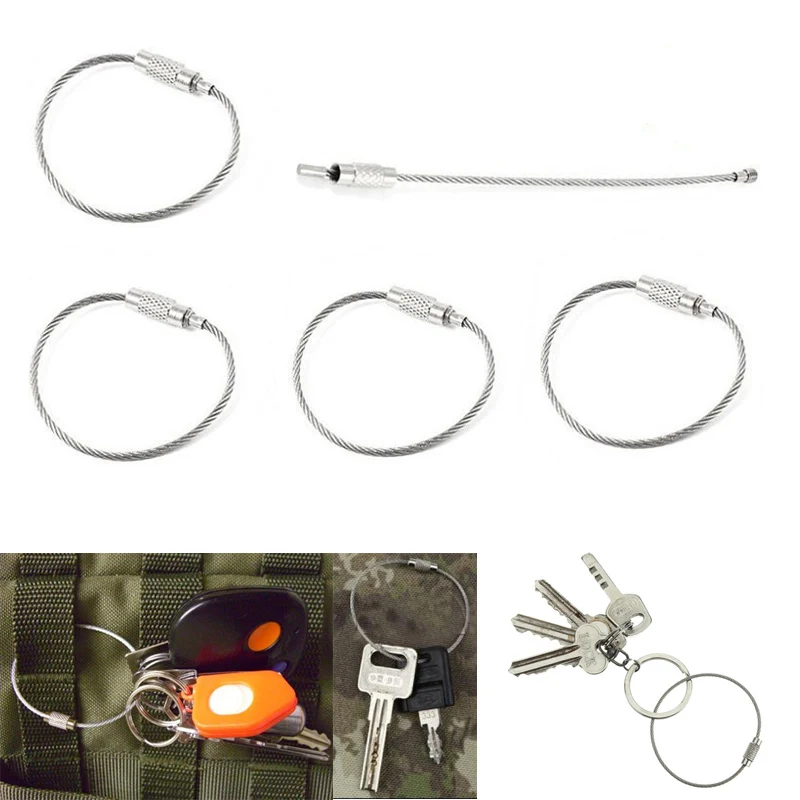 

5Pcs EDC keychain tag rope Stainless steel wire cable loop outdoor screw lock gadget ring key keyring circle camp luggage