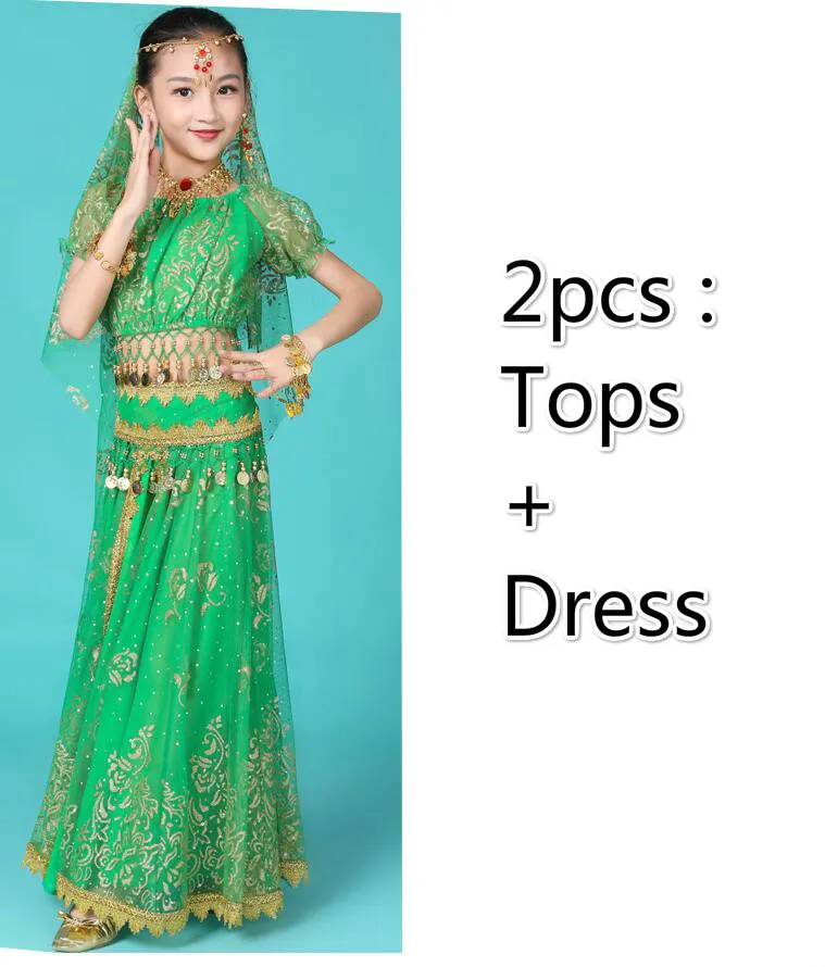 Детские индийские костюмы для танца живота, египетские вечерние костюмы для выступлений, танцевальная одежда Для Болливуда, Восточный Костюм для Хеллоуина - Цвет: 2pcs green