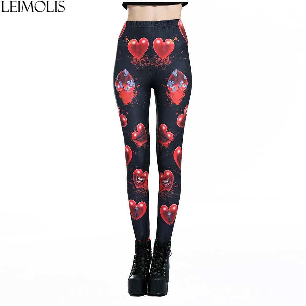 

LEIMOLIS 3D print blood heart black Gothic harajuku sexy plus size high waist push up fitness workout leggings women pants