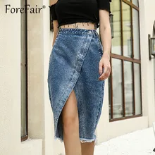 Forefair/джинсовые юбки с завышенной талией, Повседневная миди юбка женская, новые синие джинсовые юбки с разрезом на молнии и кисточками
