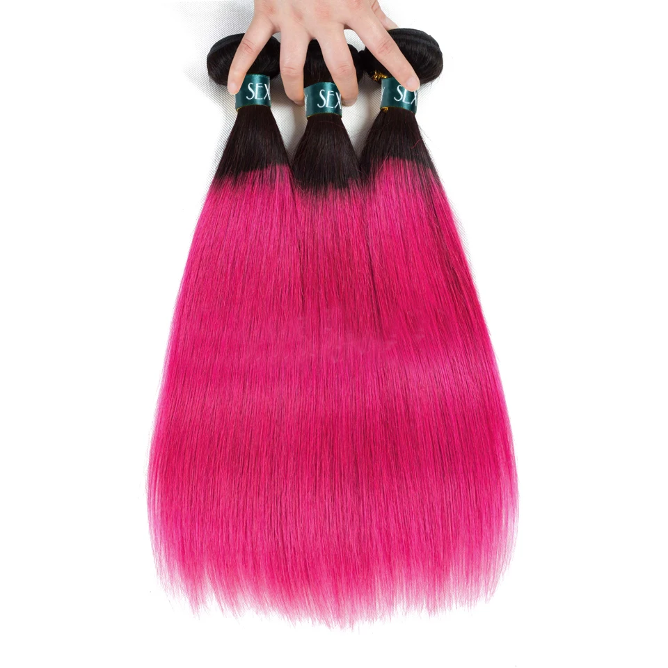 SEXAY пучки человеческих волос Ombre 3/4 шт. один пакет 1B розового цвета темные корни предварительно Цветной бразильские волосы, волнистые пряди, прямые волосы Remy