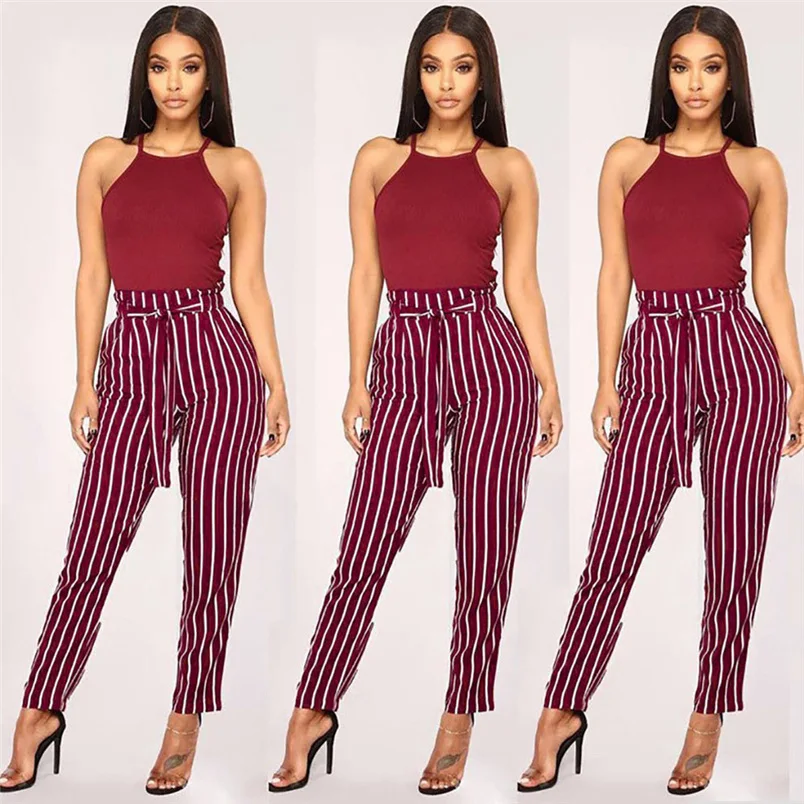 Women Pants 2018 Summer New High Waist Harem Pants Ladies Elegant Bowtie Elastic Waist Fashion Striped Casual Long Pants #J22 (16)