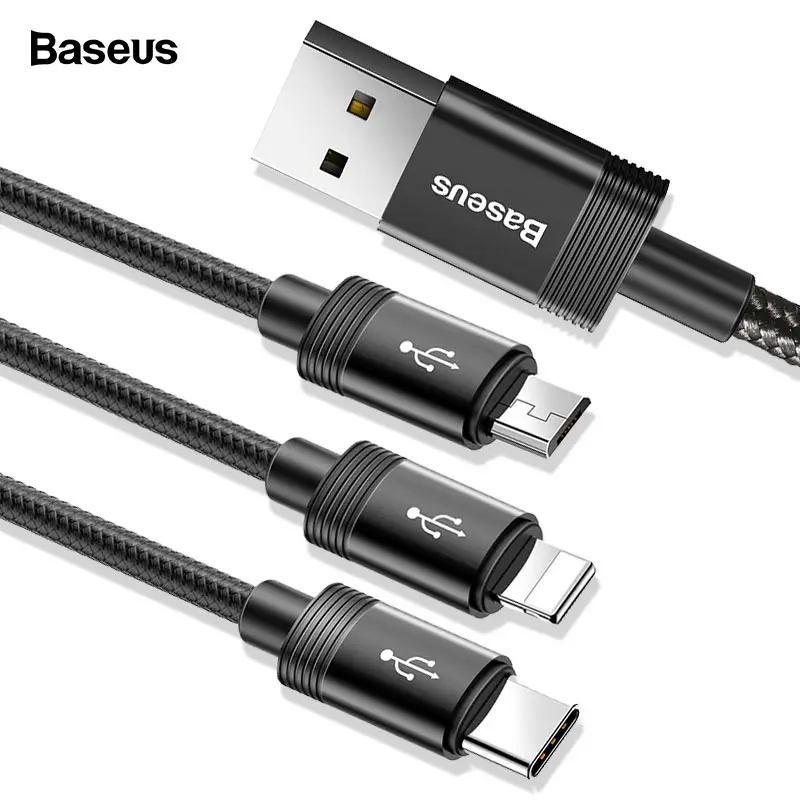 Baseus كابل يو اس بي ل فون 3 في 1 مزامنة بيانات شاحن الحبل USB نوع C نوع-c كابل المصغّر USB كابل شاحن هاتف محمول يعمل بنظام تشغيل أندرويد كابلات