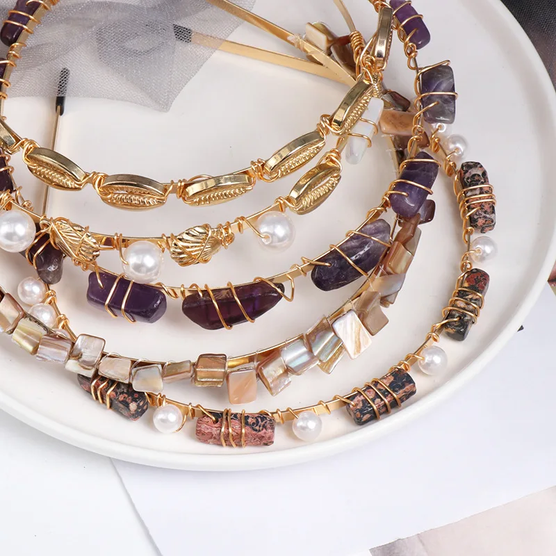 

HZ 2019 Pearl Metal Shell Conch Colored Resin Stone Hairband Hair Accessories for Girl Headwear Hair Band for Women Beach Seasid