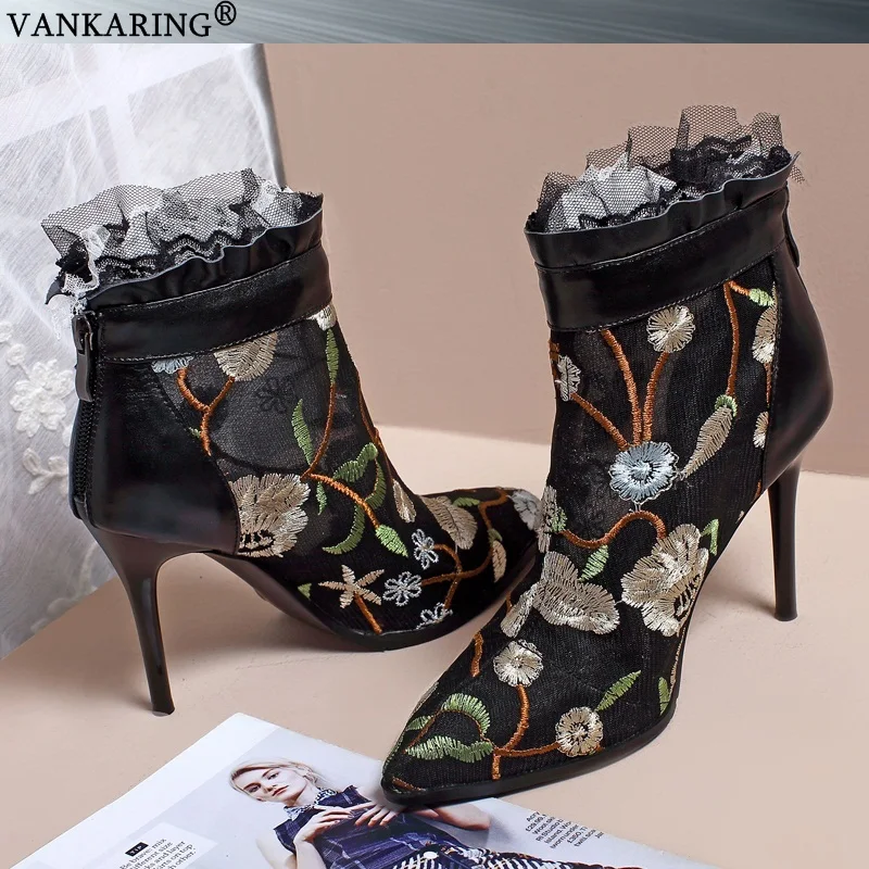 Бренд vankaring/обувь; сезон весна-лето; женские ботильоны на высоком тонком каблуке; черные туфли-лодочки с острым носком; женские модельные свадебные туфли-лодочки