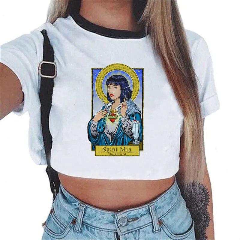 

Korean Clothes Fashion Spoof Blessed Virgin Mary Printing Best Friends T Shirt Women Riverdale Snake Print Casual Women Crop Top