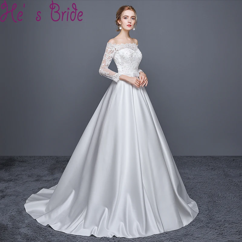 Buy Wedding Dress Elegant White Boat Neck Long Sleeves