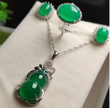 

Natural 925 Sterling Silver Natural Green gourd Jade Gemstone Pendant Necklace Bracelet Earrings Women Jewelry Set