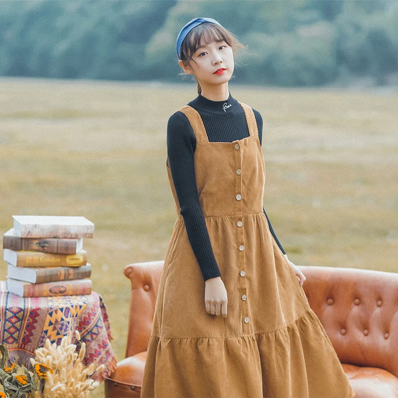 

Mori Girl Vintage Sundress 2019 New Fashion Autumn Winter Women Sleeveless Long Corduroy Dresses