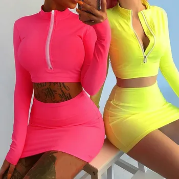

Matching Sets Summer Slim Thin Long Sleeve Tight Skirt Suit Women Sexy Two Piece Fluorescent Green 2 Piece Set Hot Streetwear