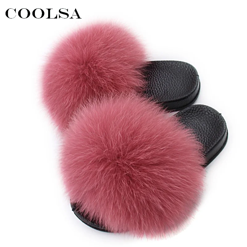 LVCOMEFF Girls Real Fox Fur Sandals Slides Fluffy Fuzzy for Kid Child