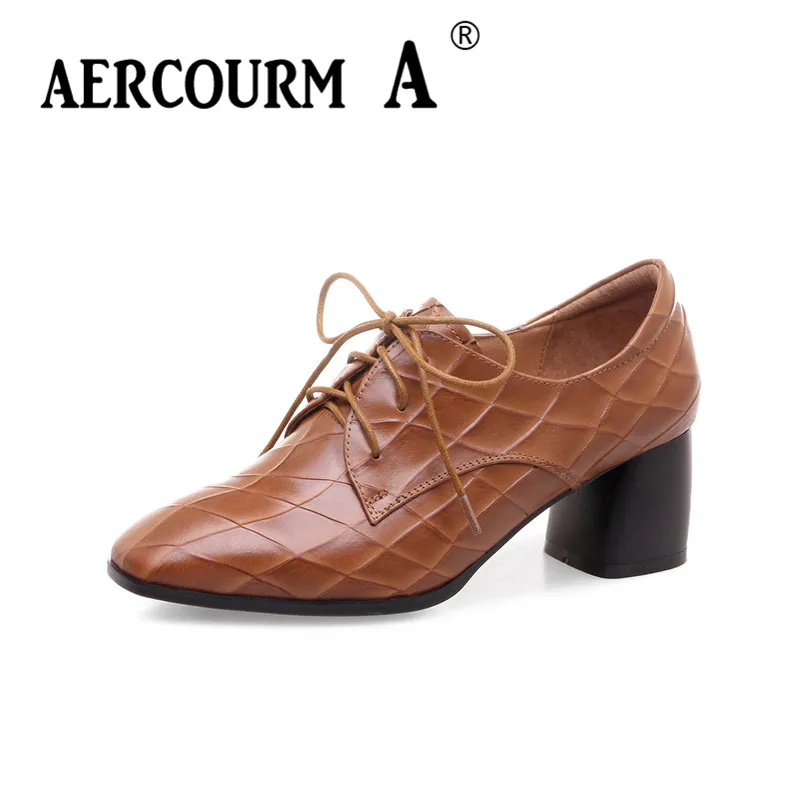 

Aercourm A New 2018 Woman Genuine Leather Shoes Spring Pumps Spring High Heels Shoes Square Toe Lacing Pointed Shoes DTN8-2