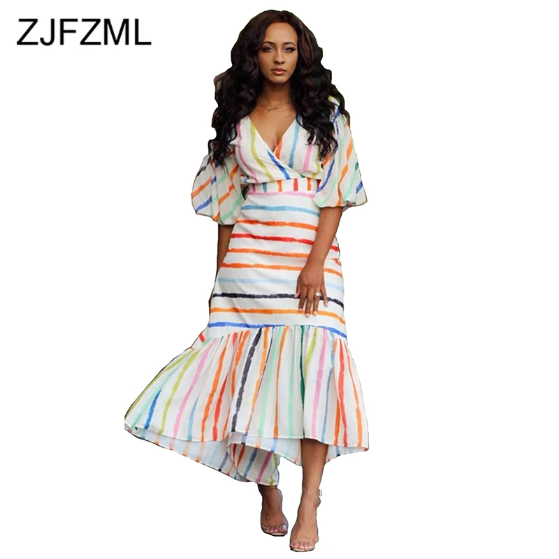 

Ruffles Striped Sexy Mermaid Dress for Women V Neck Puff Sleeve Lace Up Elegant Long Dress Summer High Waist Bodycon Maxi Dress