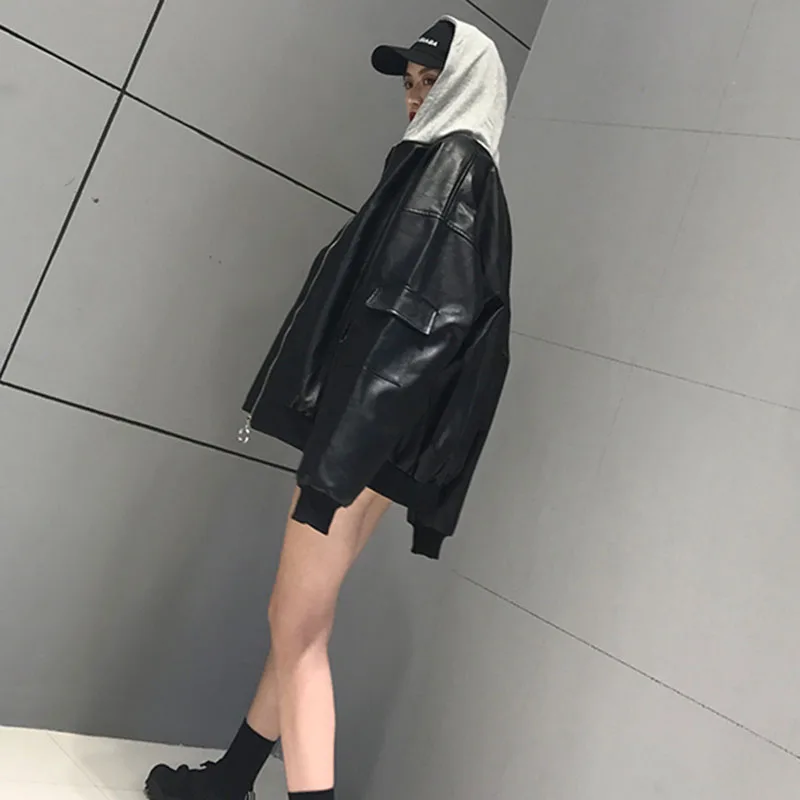 Hooded BF Harajuku Patch Bomber female Jacket Loosen PU Coats Black Leather Jacket Coat Women Oversize Basic Coat Jacket Hooded BF Harajuku Patch Bomber female Jacket Loosen PU Coats Black Leather Jacket Coat Women Oversize Basic Coat Jacket