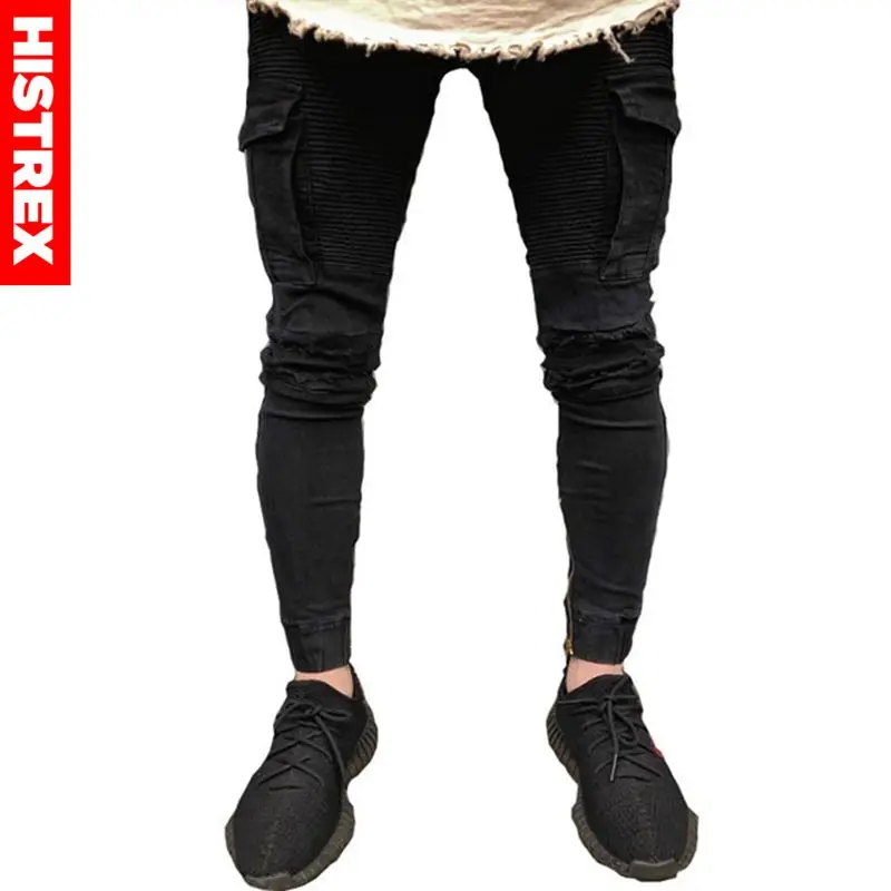 Black Skinny Cargo Pants Mens HISTREX Black Mens Jeans Biker Cargo Skinny Brand Side Pocket Moto
