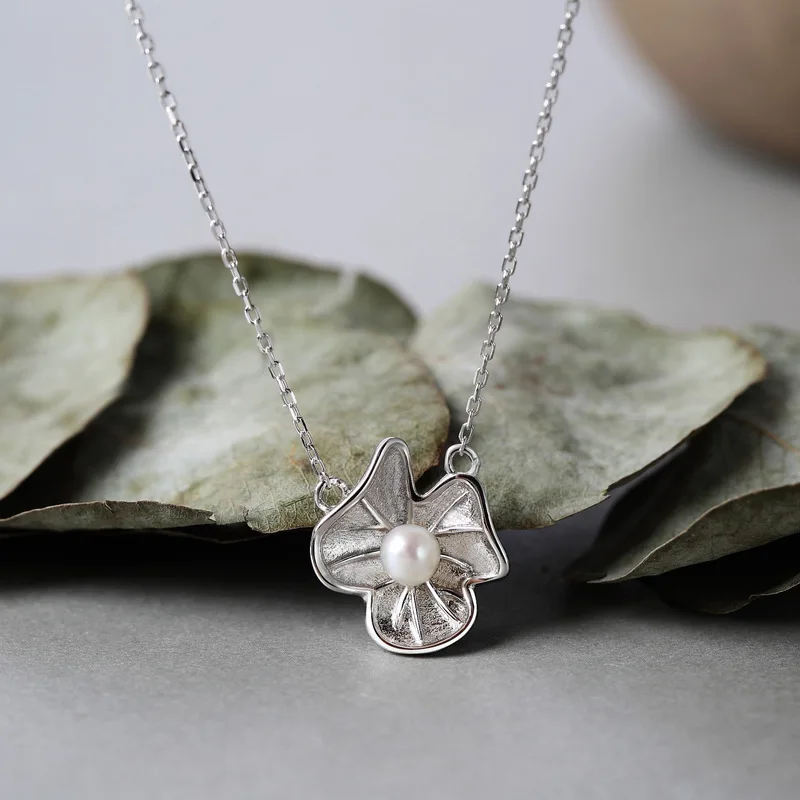 

Genuine Solid 925 Silver Women Flower Pendant Necklace With Natural Pearls Beautiful Fine Jewelry