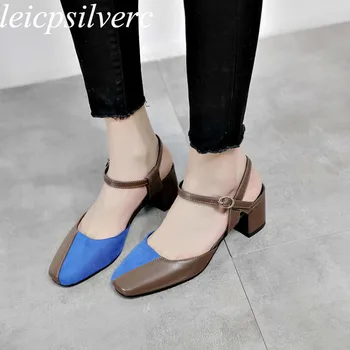 

Women's Sandals Med Heel Patchwork Square Toe Buckle Thick Heel Summer 2019 New Sexy Fashion Casual Office Dress Black Beige