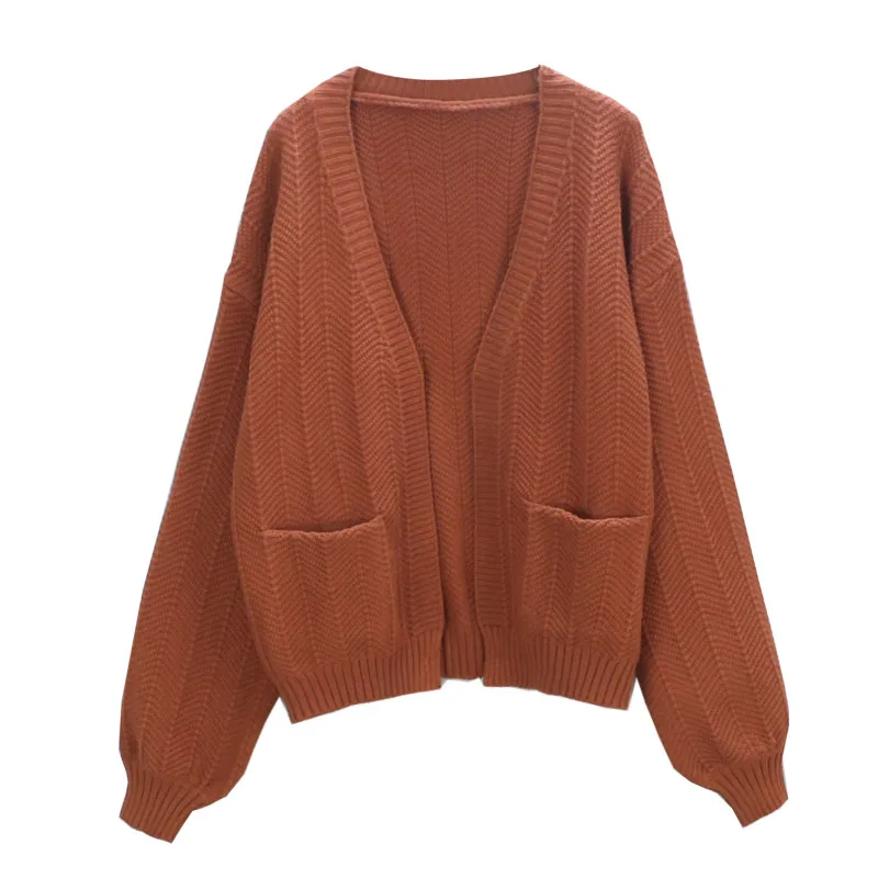 2019 For Girl Casual Knitted Sweater Autumn Korean Women Slim Solid Color Pocket Design Cardigan Khaki White Blue Brown