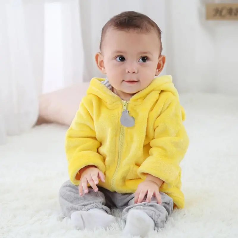 Зима младенческой Костюмы топы для новорожденных мальчиков и девочек с длинными рукавами с капюшоном из плотного флиса ушками верхняя одежда, куртки, пальто 6-24 месяцев