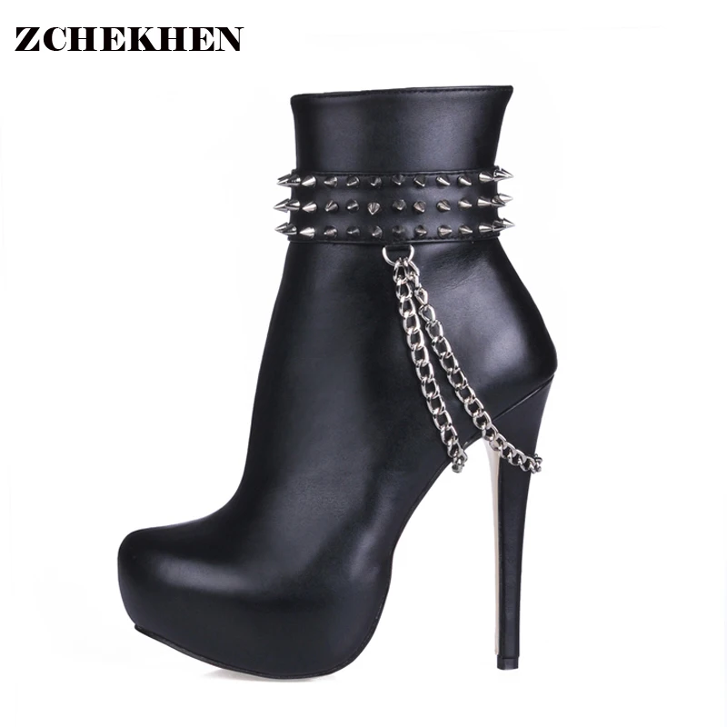 Fashion Sexy Women Boots High Heels Ankle Boots Platform Shoes Luxury Designer Rivet Chain Shoes 