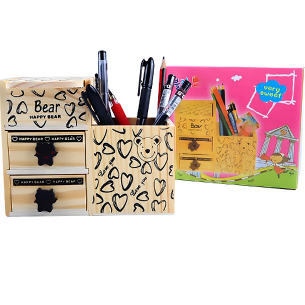 

Wood creative fashion cute Bear Wooden Pen Holder Office Desktop Decor Pencil for Stationery Storage Box organizer
