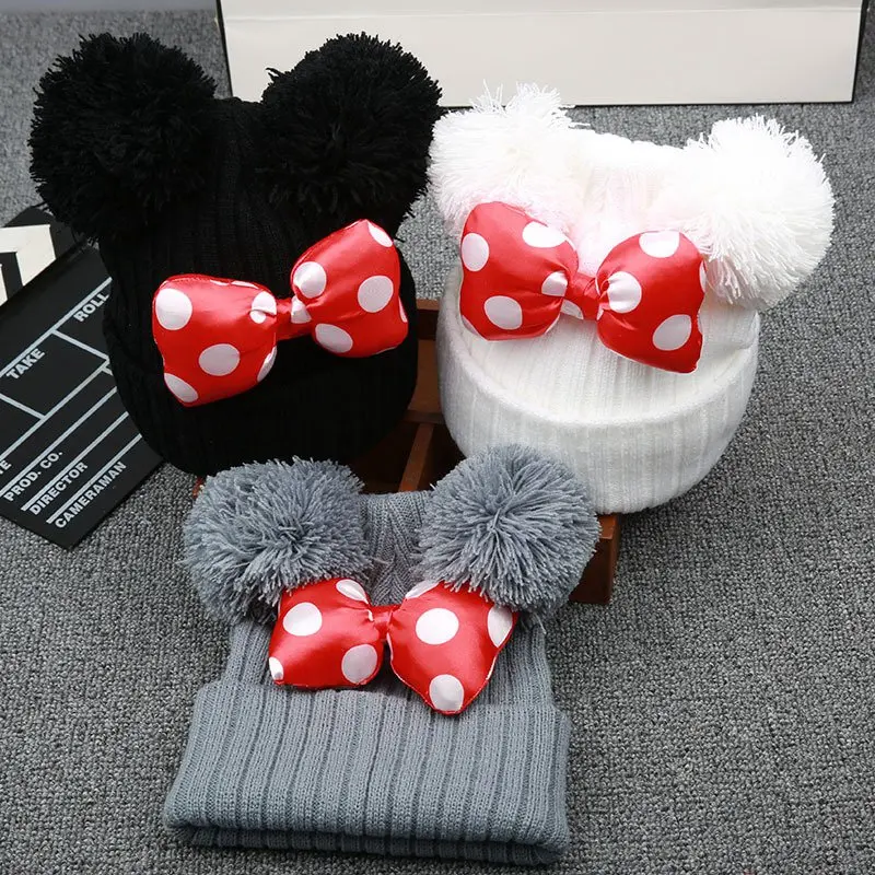 

Cartoon Big Bowknot Baby Girl Hat Two Pompom Children Girls Caps Knitted Warm Bow Beanie Bonnet Autumn Winter Hats For Kids H13