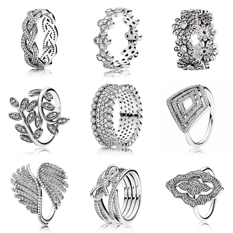 

Sparkling Geometric Lines Lavish Sparkle Ring With Crystal 925 Sterling Silver Ring For Women Wedding Gift DIY Pandora Jewelry