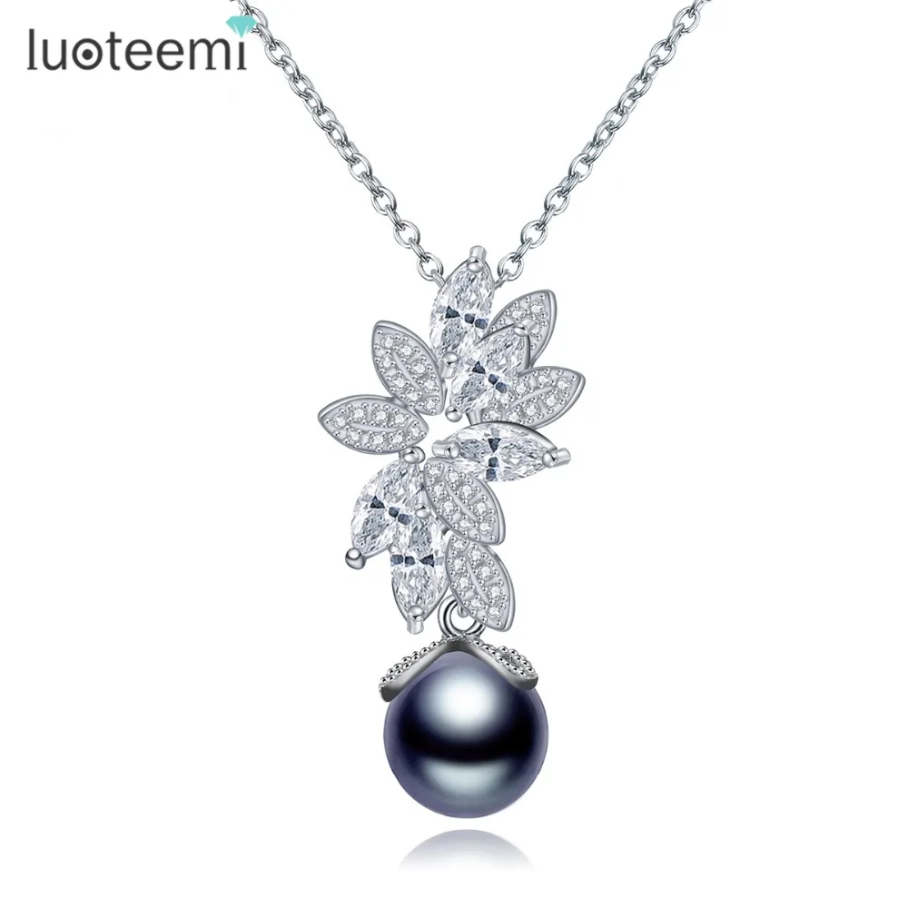 LUOTEEMI Nové prohlášení Hot prodej jednoho kulatého šedého imitace perly s CZ květ přívěsek náhrdelník pro ženy vánoční dárek  t