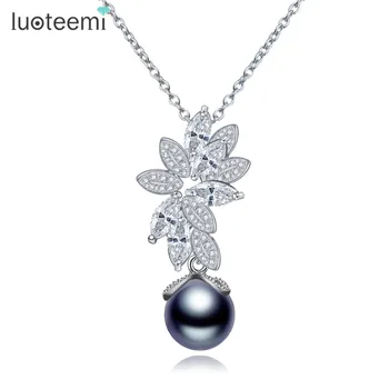 

LUOTEEMI New Statement Hot Selling Single Round Gray Imitation Pearl with CZ Flower Pendant Necklace for Women Christmas Gift